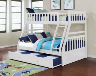 Picture of KEAN  Twin over Double Bunk Bed (White) - Bed Frame with Trundle Storage Drawer