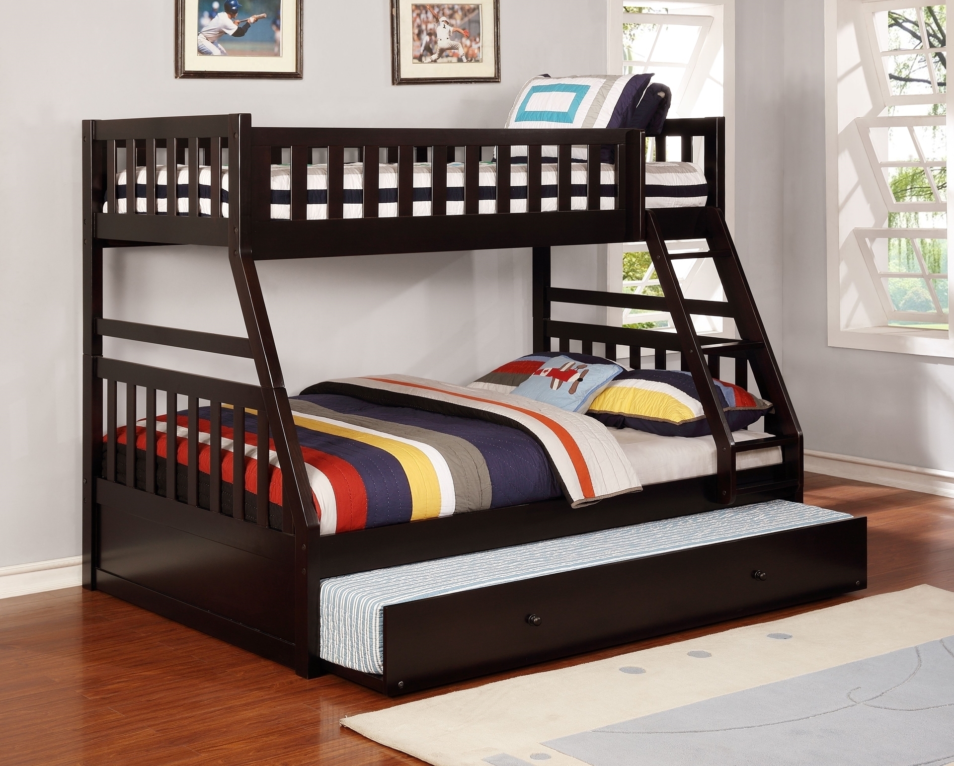 KEAN Single-Double Bunk Bed (Espresso) - Bed Frame with Trundle Bed ...