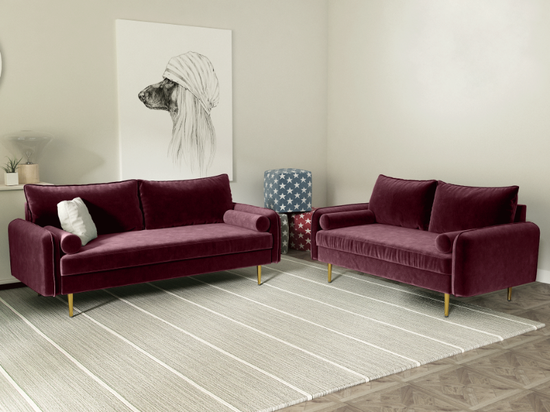 Picture of MARYJANET Velvet Sofa Range (Burgundy) - Loveseat + Sofa Set