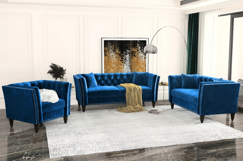 Picture of JERILYN Chesterfield Flared Arm Velvet Sofa Range (Blue)