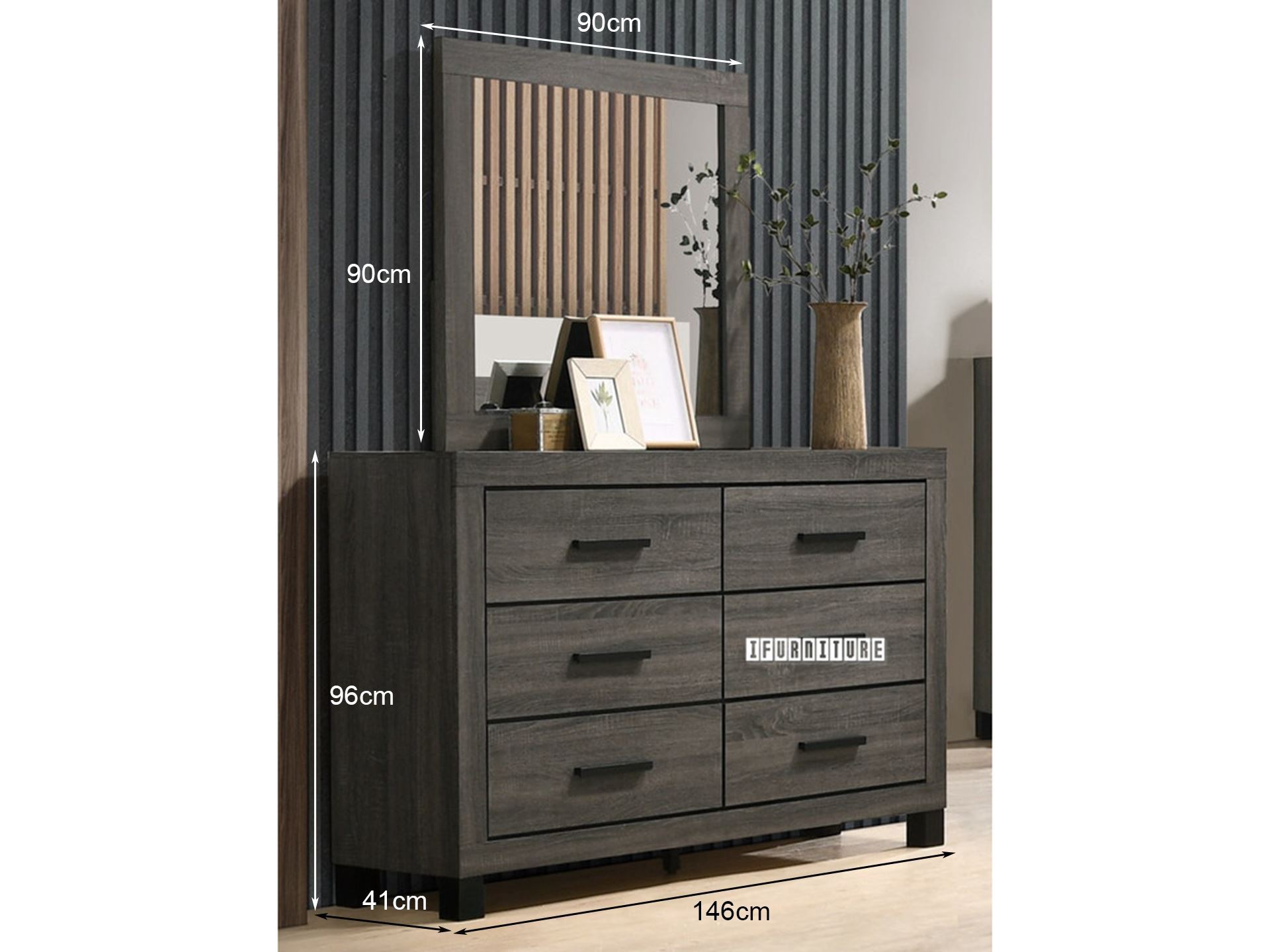 GLYNDON 6-Drawer Dresser with Mirror (Grey)-iFurniture-The largest ...