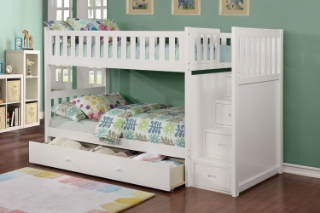 Picture of JENAFIR Twin Over Twin Bunk Bed (White) - Bed Frame with Trundle Bed