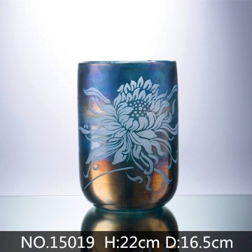 Picture of Medium Blue Tone Tile Etched Vase --#15019