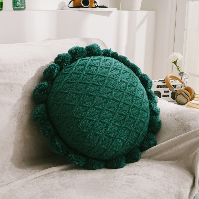 Picture of ROUND HAND-KNITTED TASSEL CUSHION WITH INNER (Dia 19.6") - GREEN