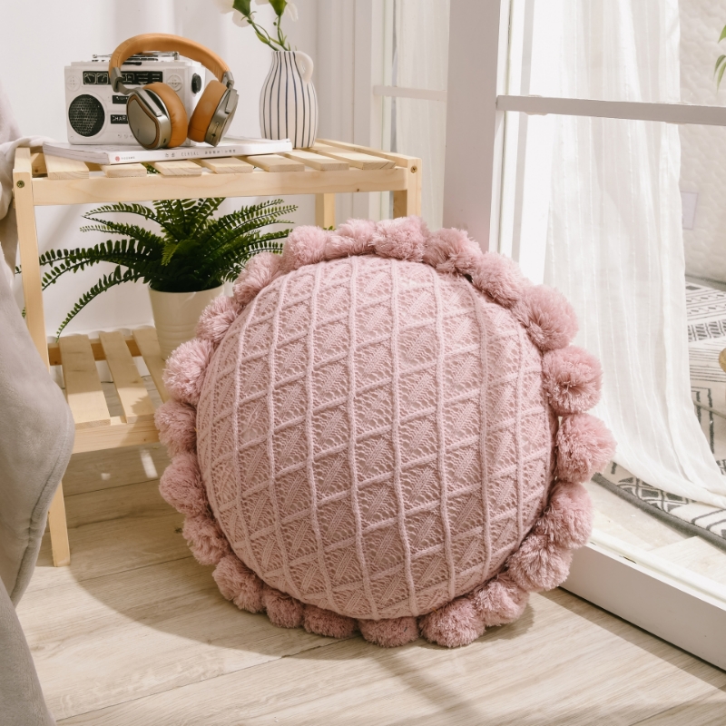Picture of ROUND HAND-KNITTED TASSEL CUSHION WITH INNER (Dia 19.6") - PINK