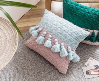 Picture of BI-COLOR HAND-KNITTED TASSEL SQUARE CUSHION WITH INNER 45CMX45CM - BLUE & PINK