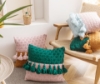 Picture of BI-COLOR HAND-KNITTED TASSEL SQUARE CUSHION WITH INNER 45CMX45CM - GREEN & PINK