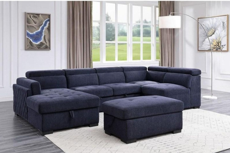 Picture of MARLOWE U-Shape Fabric Pull-Out Sectional Sofa Bed with Storage Ottoman (Blue)- Chaise Facing Left