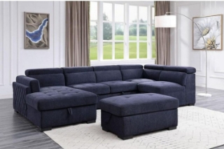 Picture of MARLOWE U-Shape Fabric Pull-Out Sectional Sofa Bed with Storage Ottoman (Blue)- Facing Left