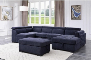 Picture of MARLOWE U-Shape Fabric Pull-Out Sectional Sofa Bed with Storage Ottoman (Blue) - Facing Right