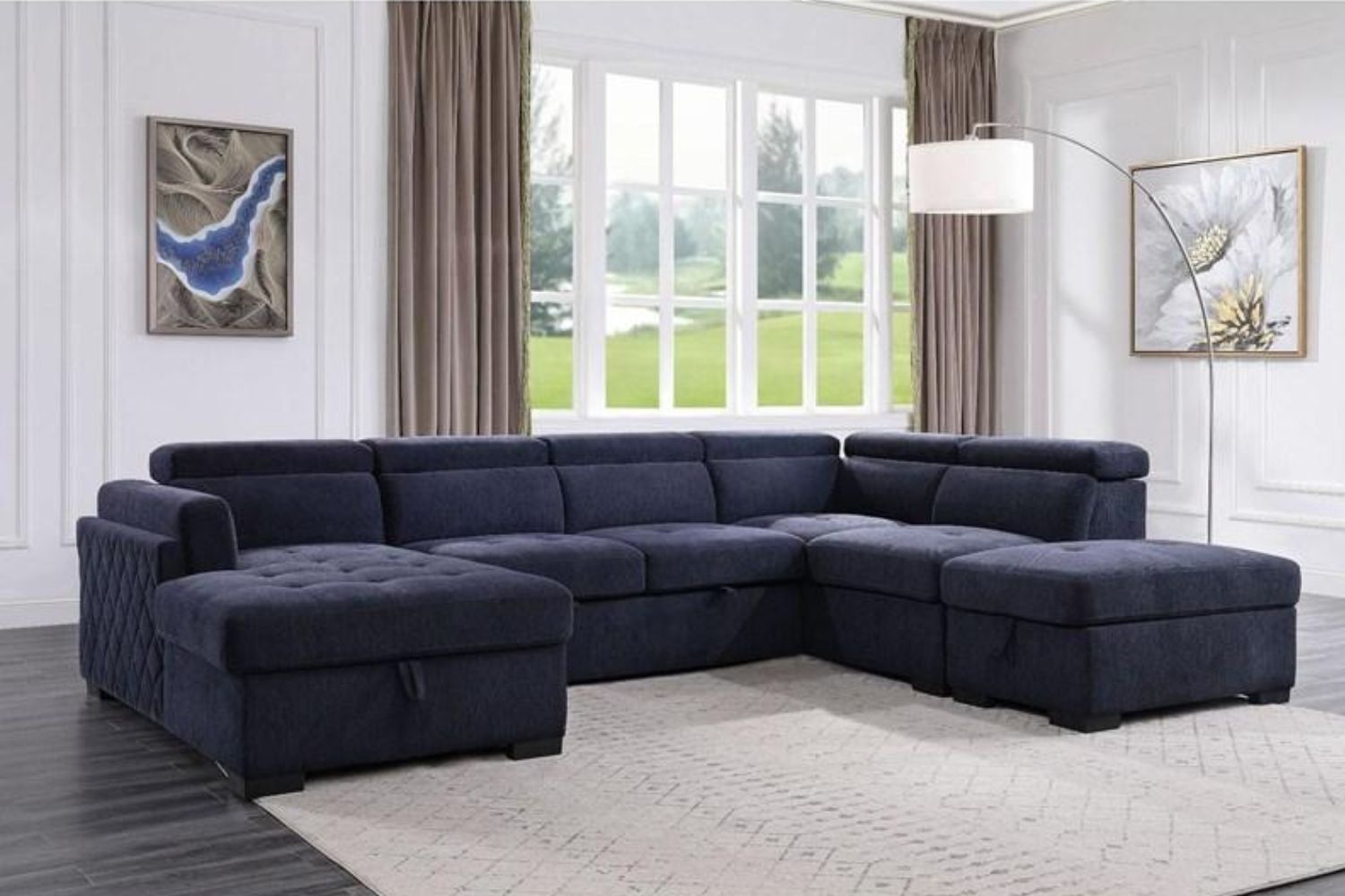MARLOWE UShape Fabric PullOut Sectional Sofa Bed with Storage Ottoman