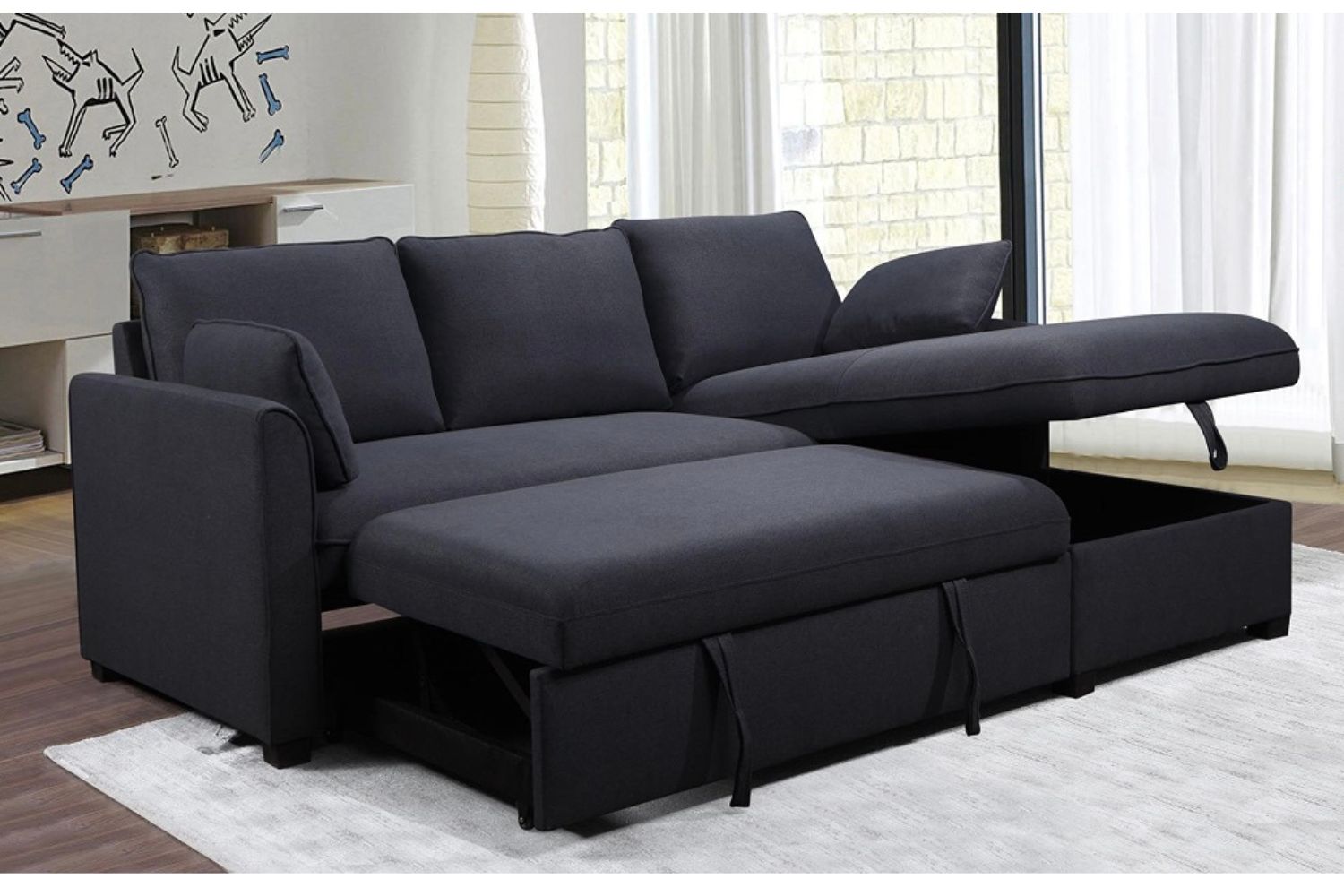 PORTLAND III Fabric Pullout Sectional Sofa Bed with Chaise and Storage