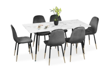 Picture of BIJOK 63" 7PC Dining Set (White Marble Finishing) - 1 Dining Table with 6 Gray Chairs