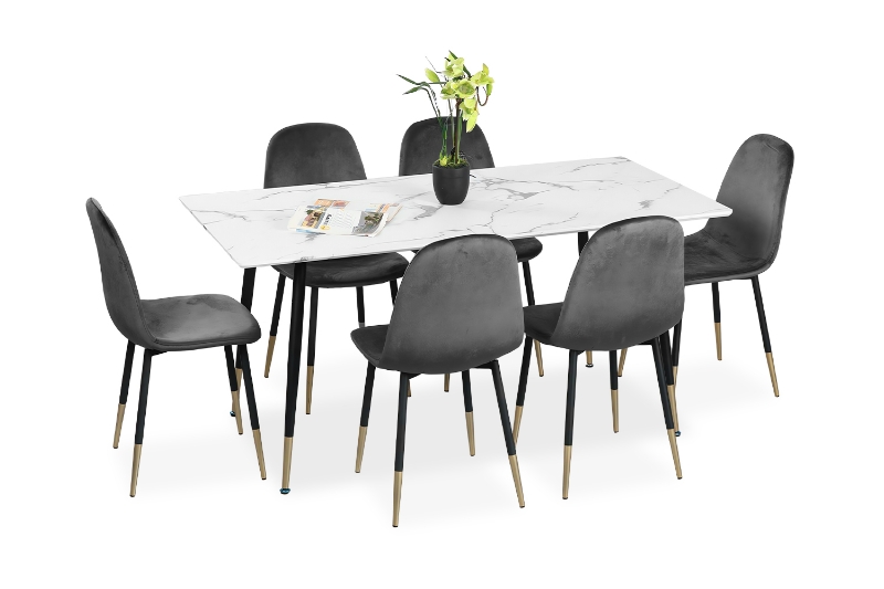 Picture of BIJOK 63" 7PC Dining Set (White Marble Finishing) - 1 Dining Table with 6 Gray Chairs
