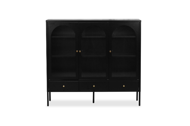 Picture of STARK Steel Frame 3-Arched Doors 3-Drawers Glass Display Cabinet (Black)