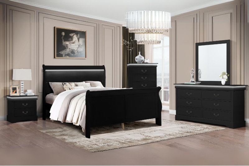 Picture of LOUIS Hevea Wood with LED Lighting Bedroom Combo Set in Eastern King Size (Black) - 5PC Combo	