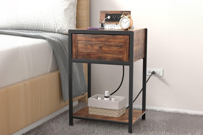 Picture of HOOBRO 1-Drawer Side Table with Power Outlet and USB Charger