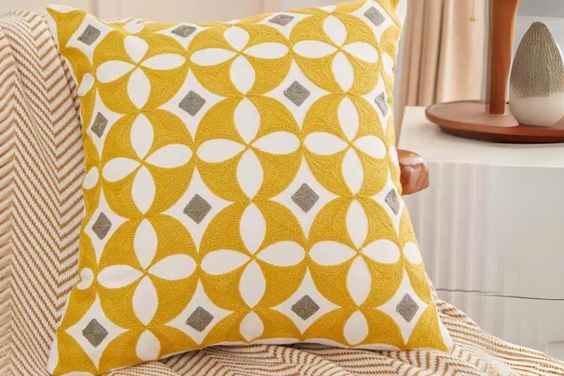 Picture of GEOMETRIC Pattern Towel Embroidered Cushion with Inner (17.7" x 17.7") - Diamond-Shaped Yellow Frame