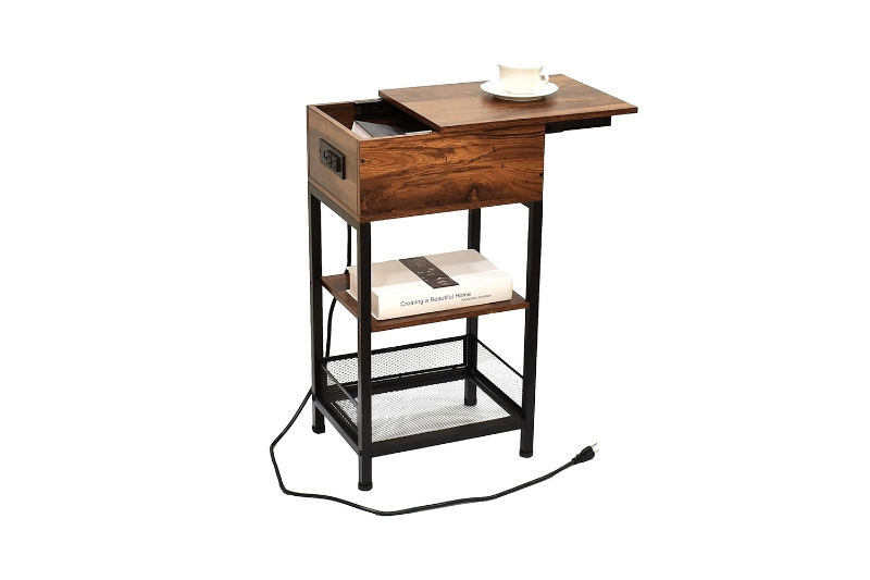 Picture of LUXIA Bedside Table with Built-in Power Socket & USB Ports (Dark Walnut)