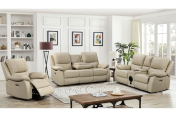 Picture of KEATON Leather Dual Power Reclining Sofa Range with Bluetooth Speaker + Console & Cup Holders (Latte)