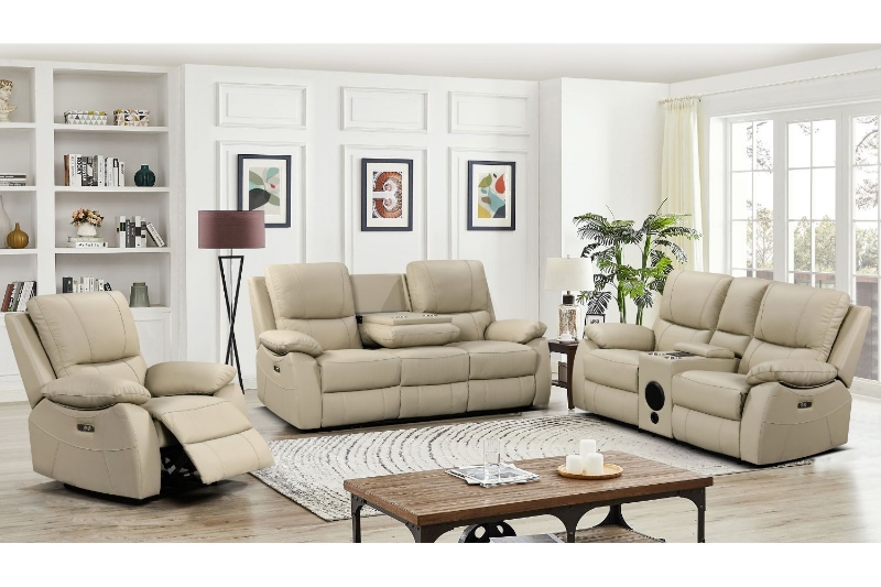 Picture of KEATON Leather Power Reclining Sofa Range with Bluetooth Speaker + Console & Cup Holders (Latte)