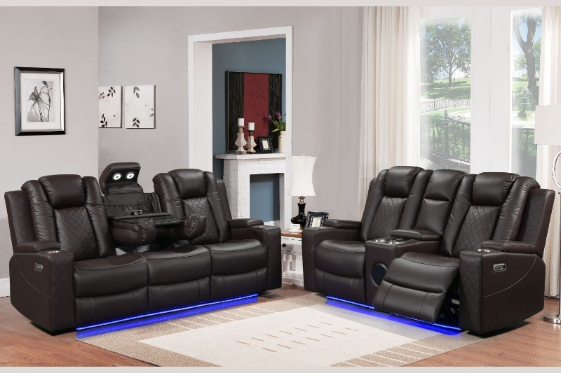 Picture of MONROSE Full Air Leather Power Reclining Sofa Range with Bluetooth Speaker + USB Port & LED Lighting (Brown)