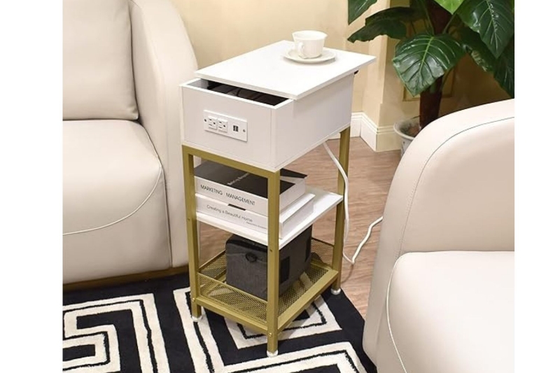 Picture of LUXIA Bedside Table with Built-in Power Socket & USB Ports (White)