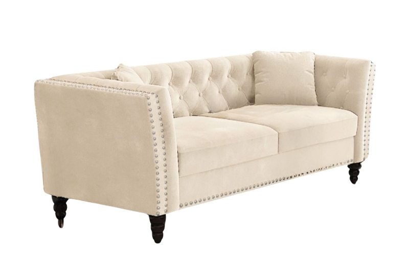 Picture of JERILYN Chesterfield Flared Arm Velvet 3-Seater Sofa (Beige)