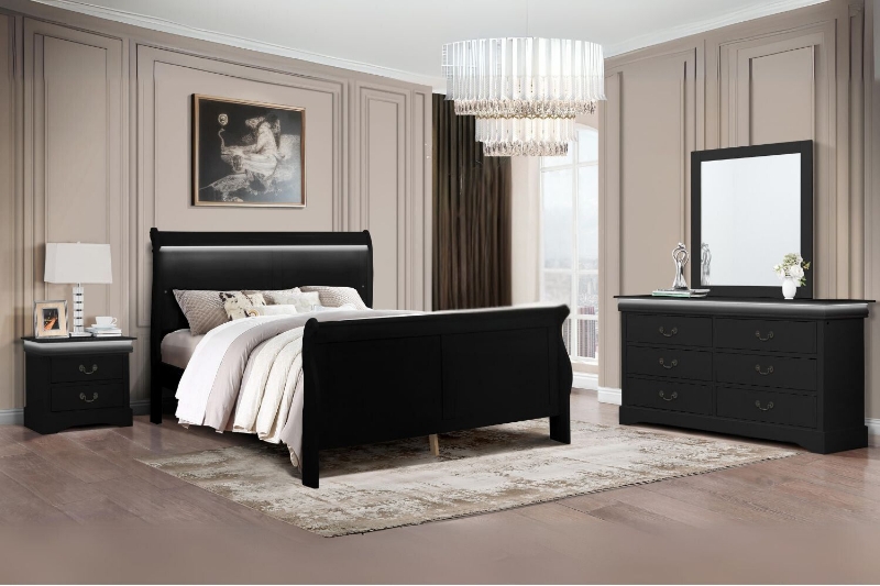 Picture of LOUIS Hevea Wood with LED Lighting Bedroom Combo Set in Queen Size (Black) - 4PC Combo