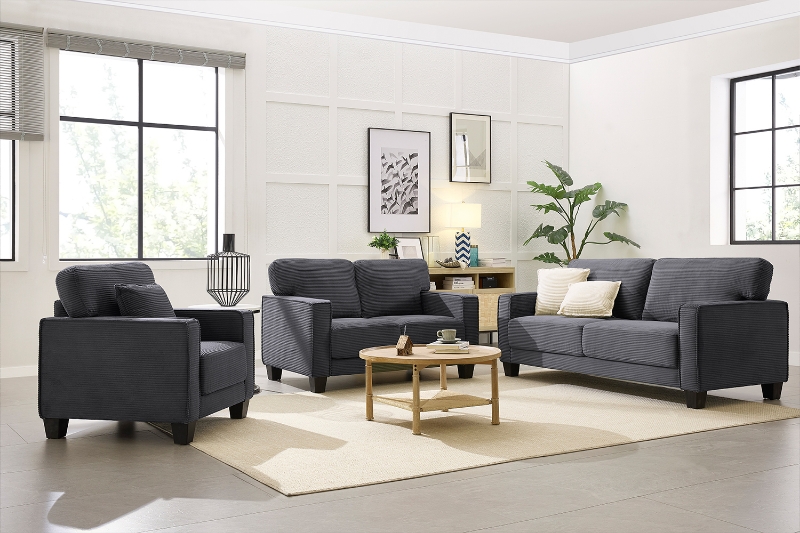 Picture of HERBERT Corduroy Sofa Range (Grey) - Armchair + Loveseat + Sofa Set