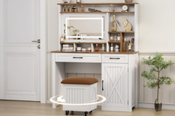Picture of DAPHNE Tempered Glass Top Dressing Table with LED Mirror & Swivel Storage Stool