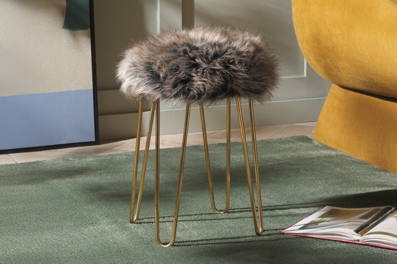 Picture of DAMAR Round Fur Stool with Metal Legs (Grey)