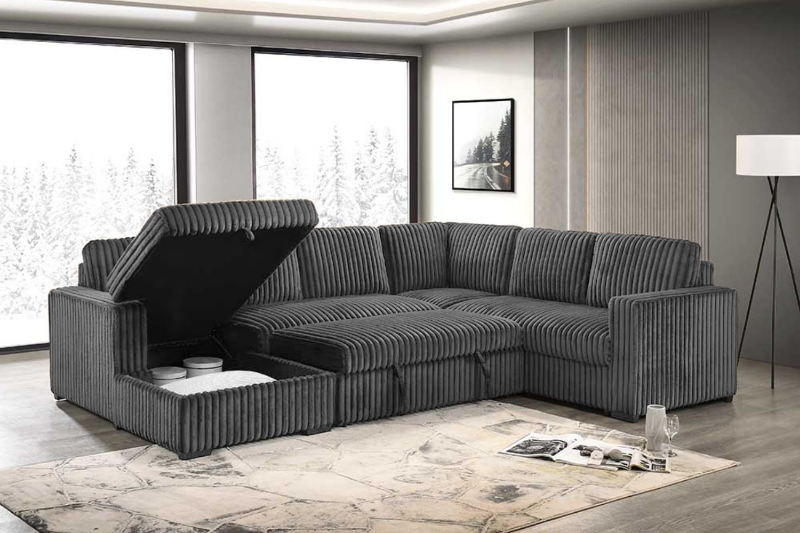 Picture of MICAH Corduroy Sectional Sofa/Pull-Out Sofa Bed with USB Charging Port - Chaise Facing Left