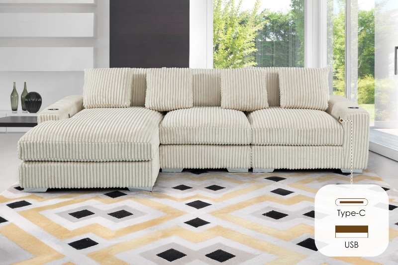 Picture of WINSTON Premium Corduroy Modular Sectional Sofa with Cup Holders & USB Ports (Beige) - Chaise Facing Left