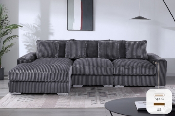 Picture of WINSTON Premium Corduroy Modular Sectional Sofa with Cup Holders & USB Ports (Grey)  - Chaise Facing Left
