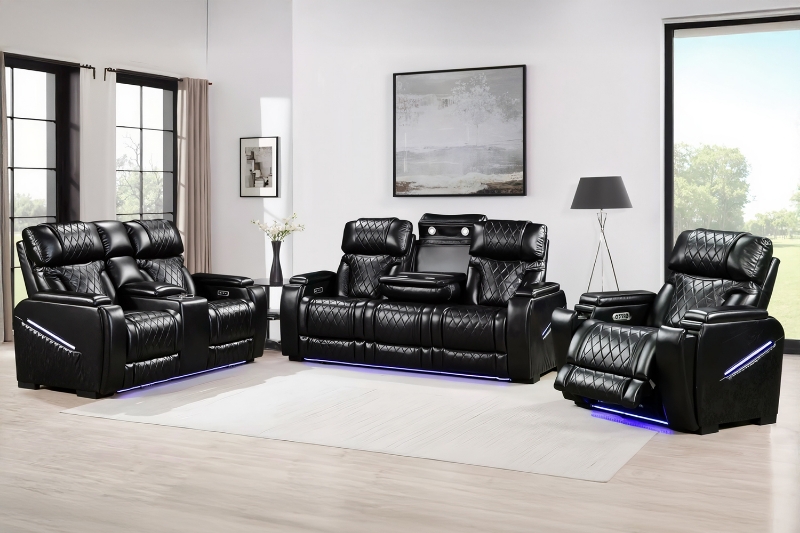 Picture of CALVIA Power Reclining Sofa Range with USB Port & LED Lighting +  Cup Holders & Reading Lights (Black)