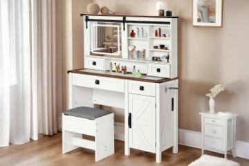 Picture of LORRAINE Tempered Glass Top Dressing Table with LED Mirror, Charging Port & Storage Stool