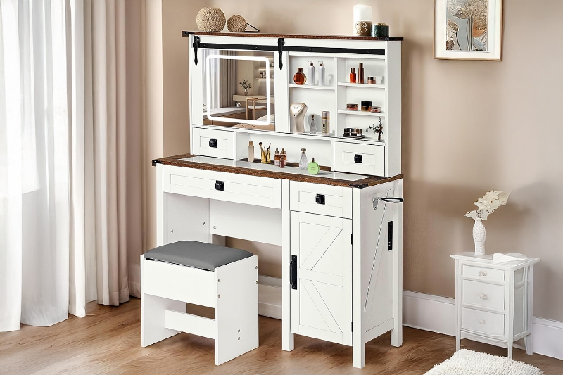 Picture of LORRAINE Tempered Glass Top Dressing Table with LED Mirror, Charging Port & Storage Stool