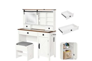 Picture of LORRAINE Tempered Glass Top Dressing Table with LED Mirror, Charging Port & Storage Stool