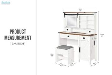 Picture of LORRAINE Tempered Glass Top Dressing Table with LED Mirror, Charging Port & Storage Stool