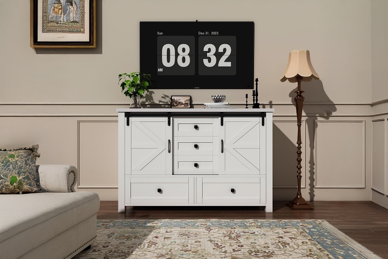 Picture of VITTORIO Sliding Barn Door Cabinet with Drawers (White) 