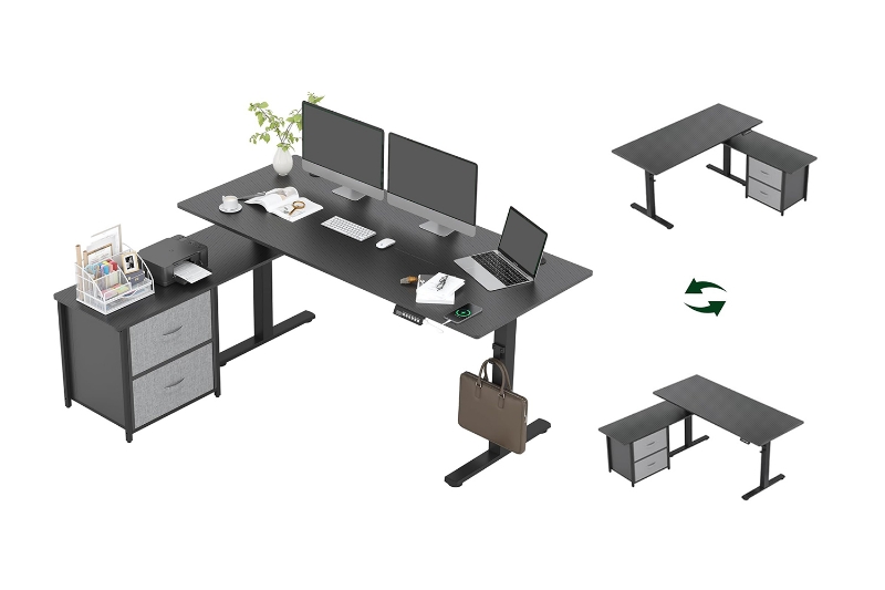 Picture of NEXUS 63" Electric Height-Adjustable Standing Desk With Side Cabinet Shelf & LED Display & USB Charging Port (Black)