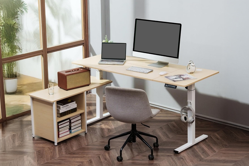 Picture of NEXUS 63" Electric Height-Adjustable Standing Desk With Side Cabinet Shelf & LED Display & USB Charging Port (Oak)