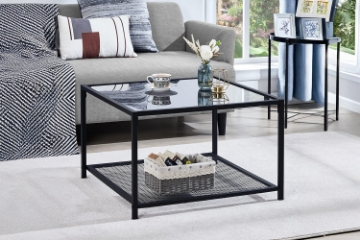 Picture of LINDELL 27.5" Square Tempered Glass Coffee Table with Shelf 