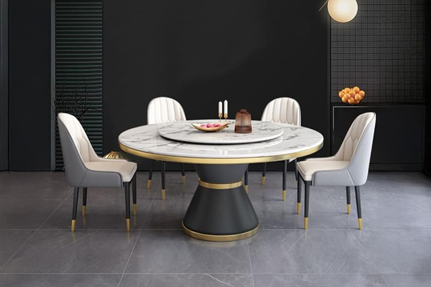 ORBIT 59" Round White Sintered Stone Dining Table with Lazy Susan ...