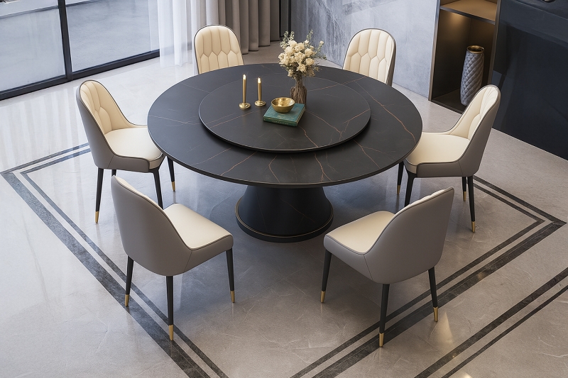 Picture of ORBIT 53" Round Rotating Sintered Stone Top Dining Set (Black Top) - 7PC