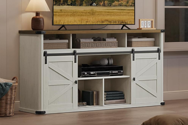 Picture of KARO 58" Farmhouse Tall TV Stand with Sliding Barn Doors and Built-in Power Strip