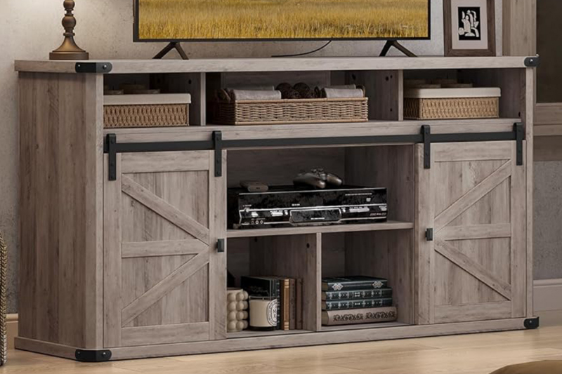 Picture of VERO 70" Farmhouse Tall TV Stand with Sliding Barn Doors and Built-in Power Strip