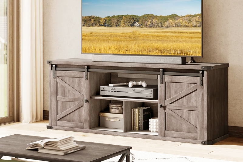 Picture of VERO 70" Farmhouse TV Stand with Sliding Barn Doors and Built-in Power Strip
