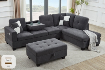 Picture of NEBULA Pro Sectional Sofa with Storage Ottoman & Drop-Down Console & USB & Type-C Port (Dark Grey)